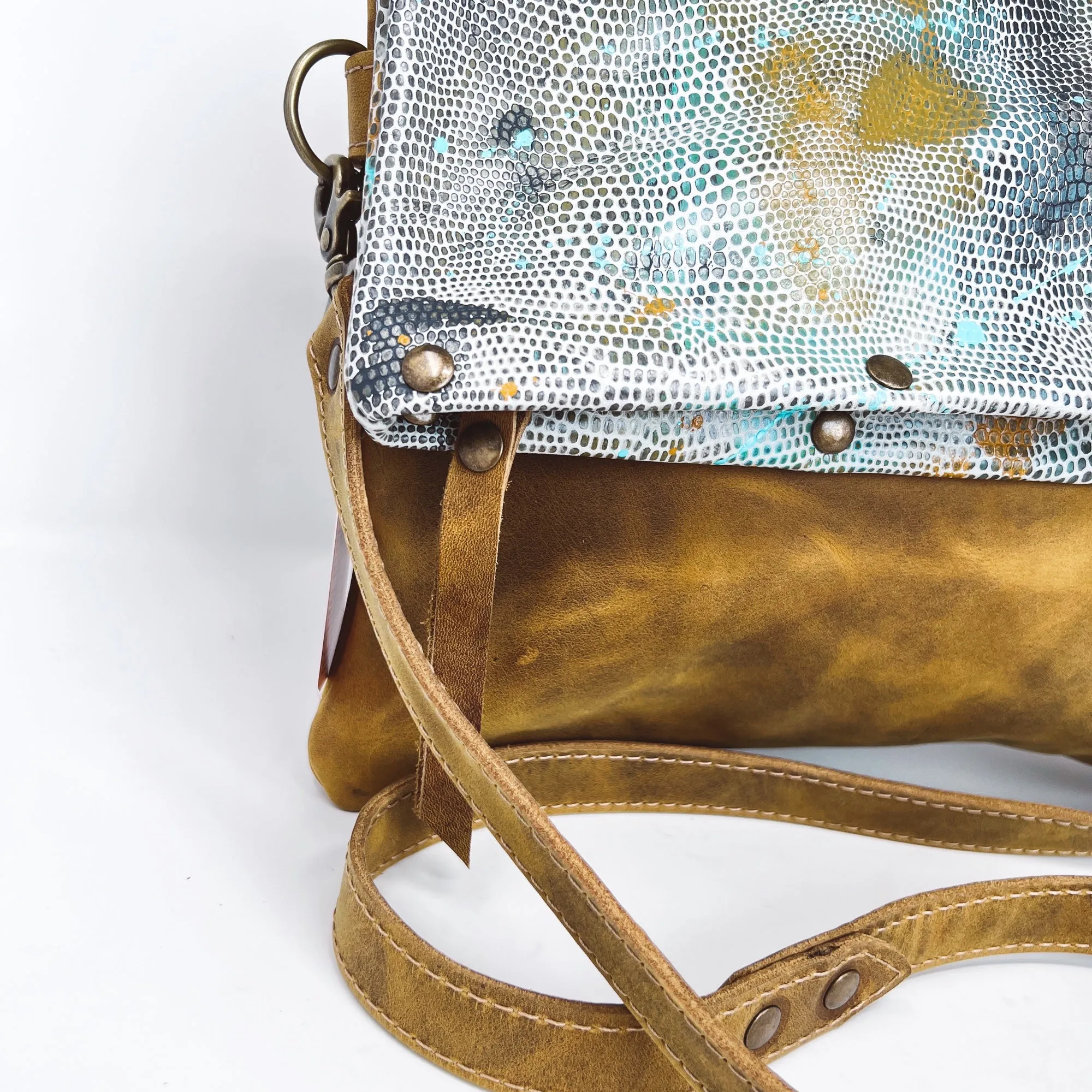 Large Leather Foldover Crossbody Bag - Distressed Yellow Brown Leather With Hand Painted Navy Ochre and Turquoise Top