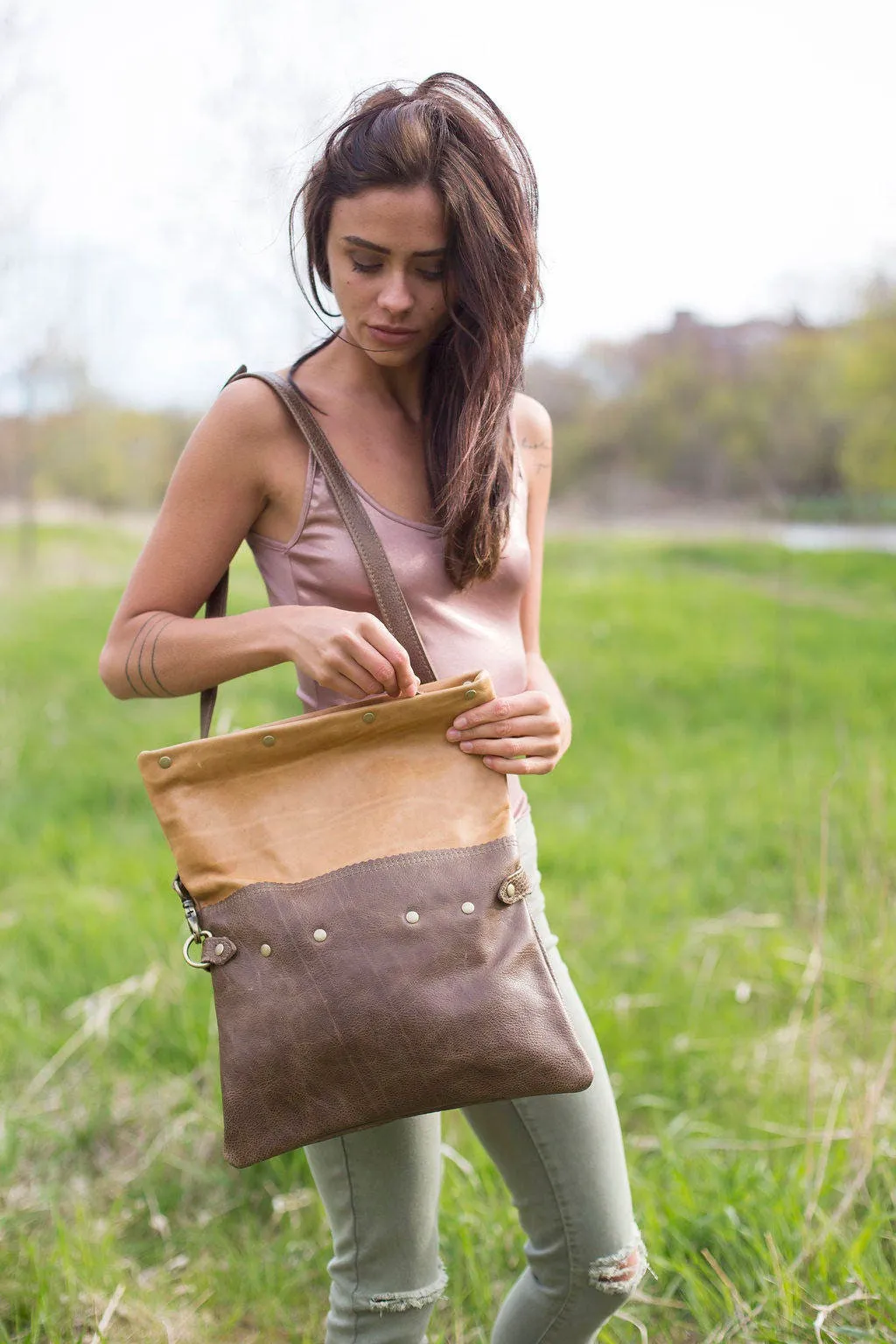 Large Leather Foldover Crossbody Bag - Distressed Yellow Brown Leather With Hand Painted Navy Ochre and Turquoise Top