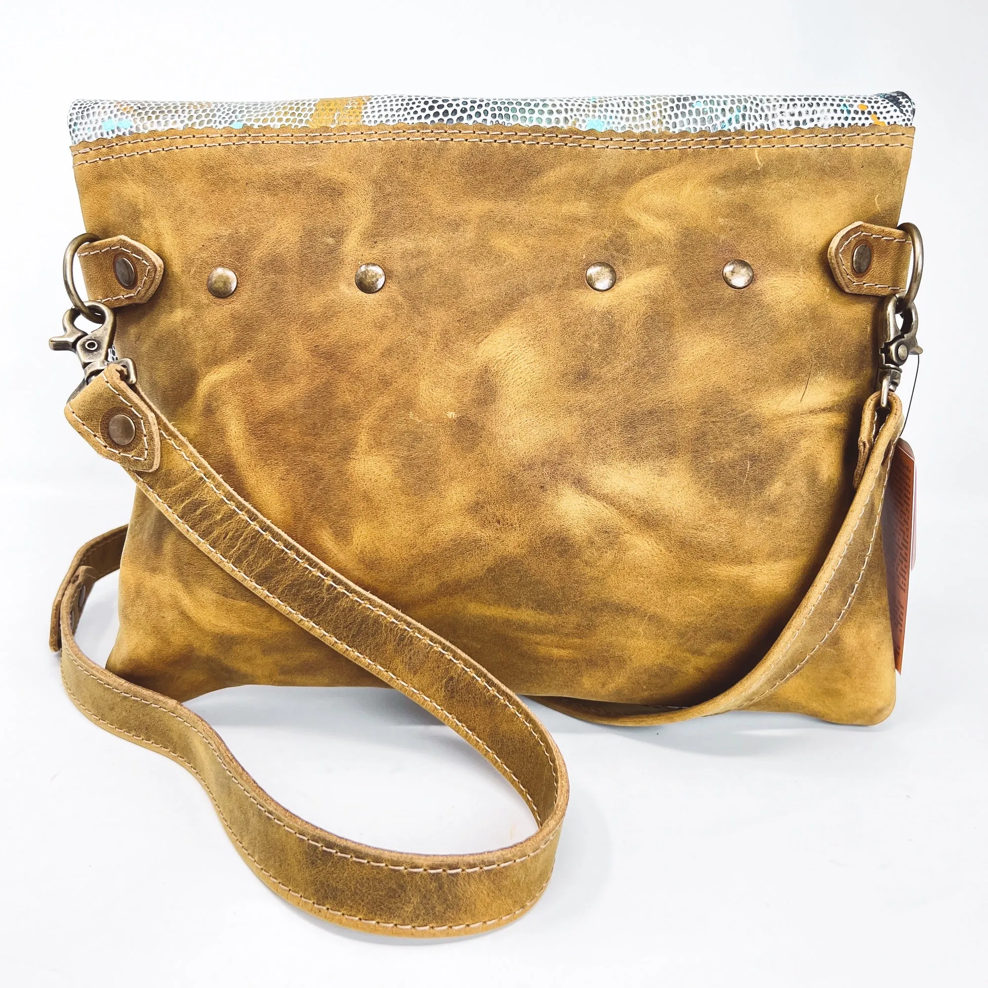 Large Leather Foldover Crossbody Bag - Distressed Yellow Brown Leather With Hand Painted Navy Ochre and Turquoise Top