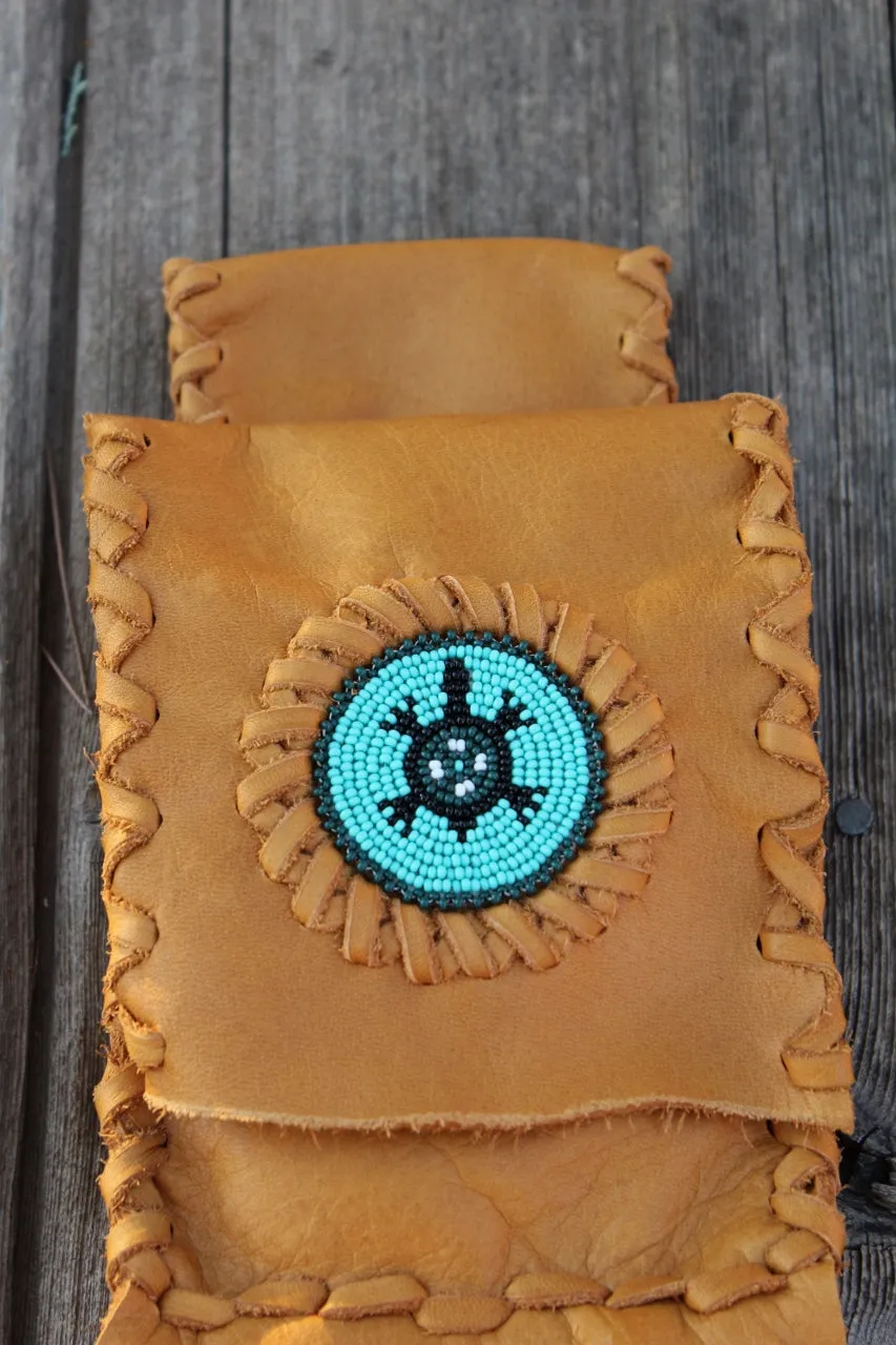 Leather belt bag with beaded turtle, fringed leather phone bag