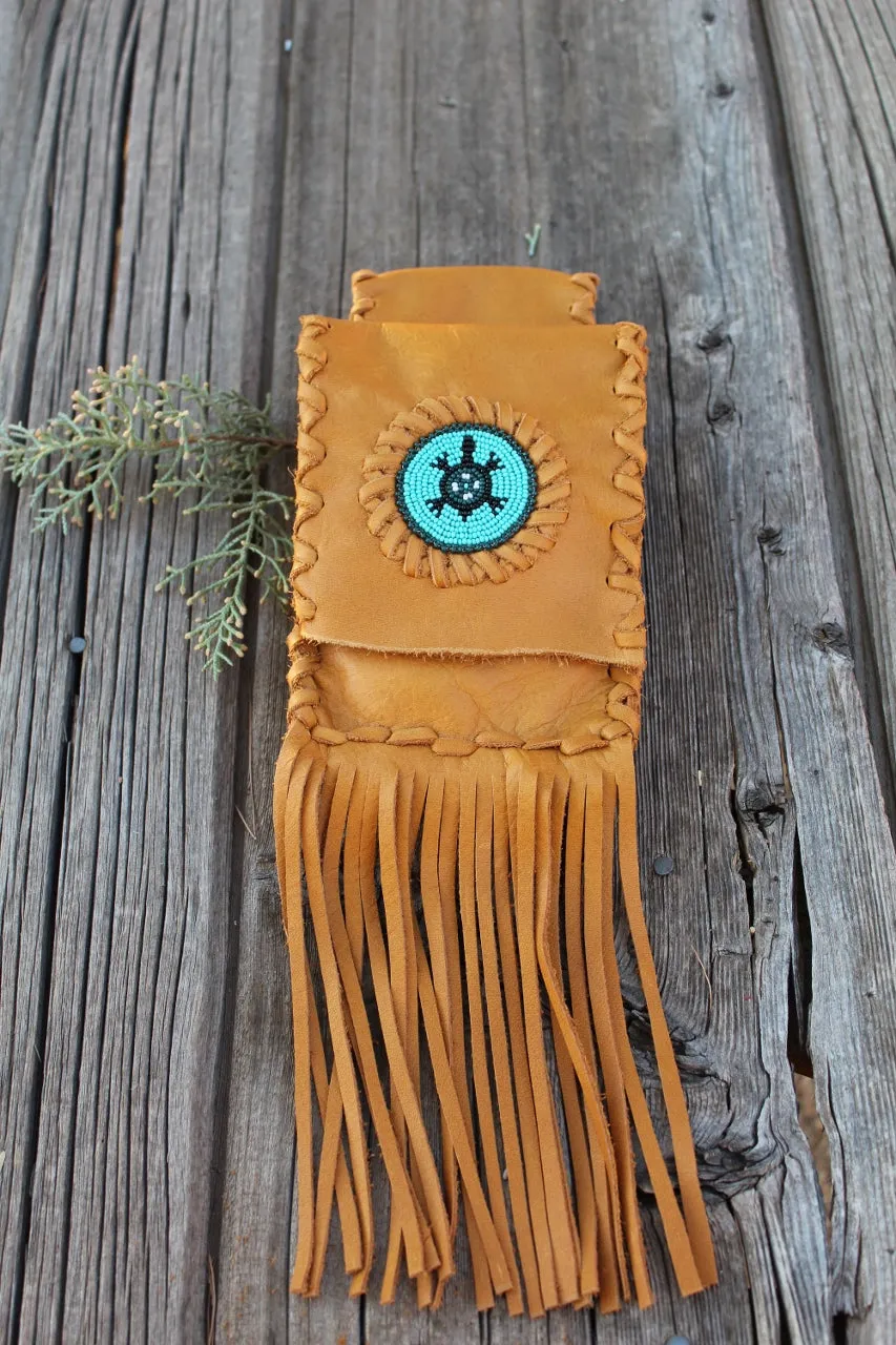 Leather belt bag with beaded turtle, fringed leather phone bag