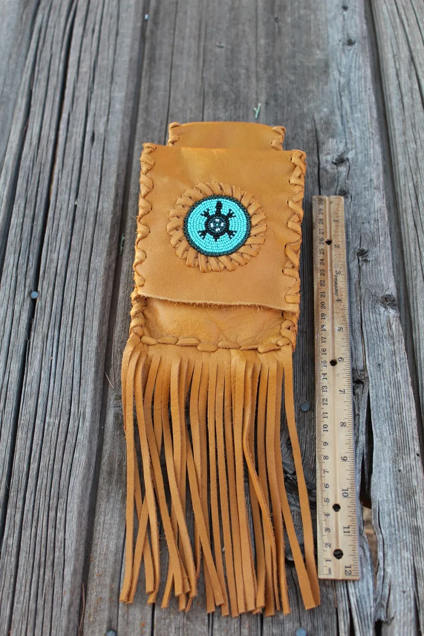 Leather belt bag with beaded turtle, fringed leather phone bag