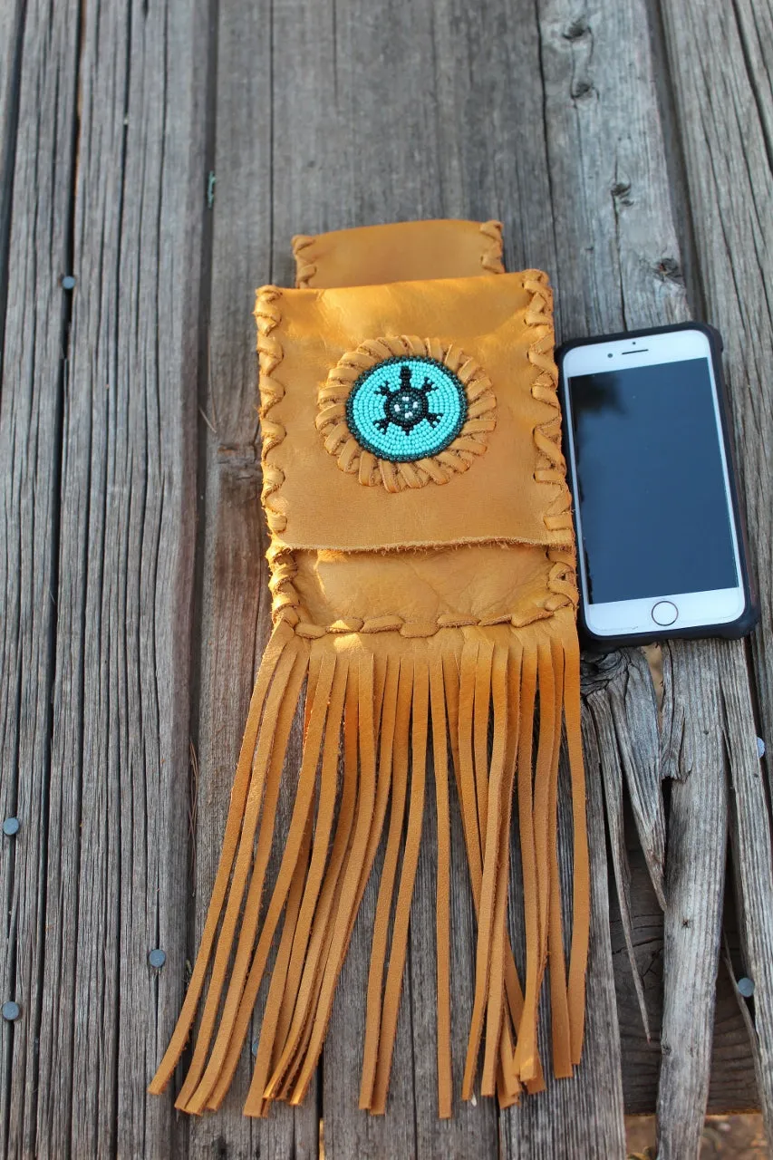 Leather belt bag with beaded turtle, fringed leather phone bag