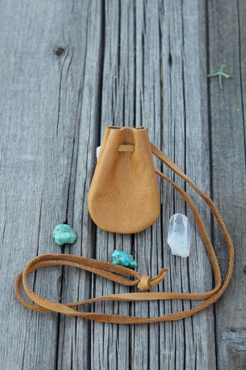 leather necklace bag, medicine bag, crystal pouch