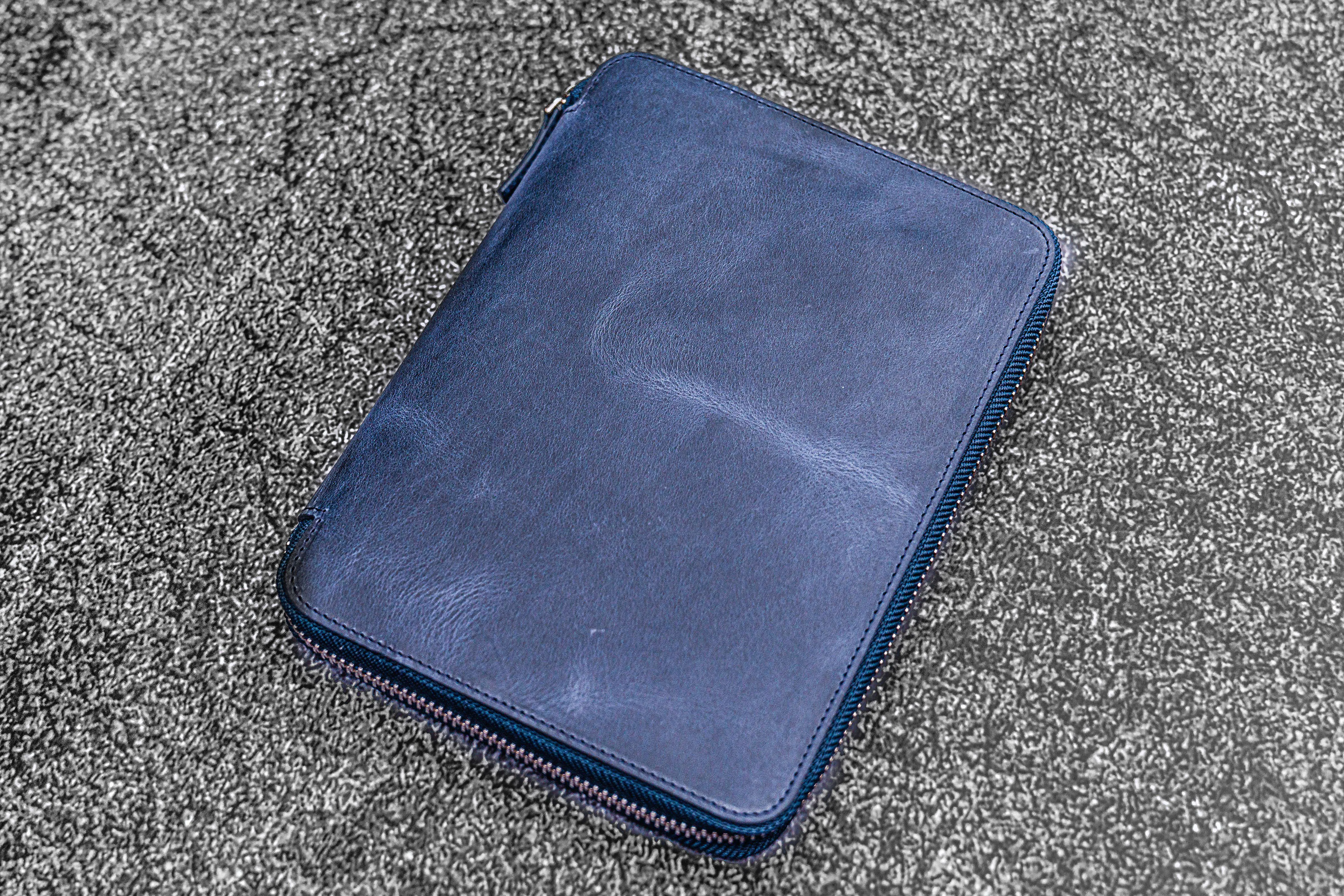 Leather Zippered Rhodia A5 Notebook & iPad Mini Folio - Crazy Horse Navy Blue