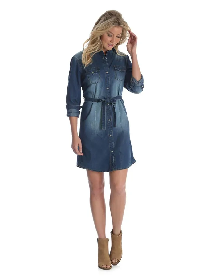 LWD371D - Wrangler Women's Long Sleeve Shirt Dress - Dark Denim