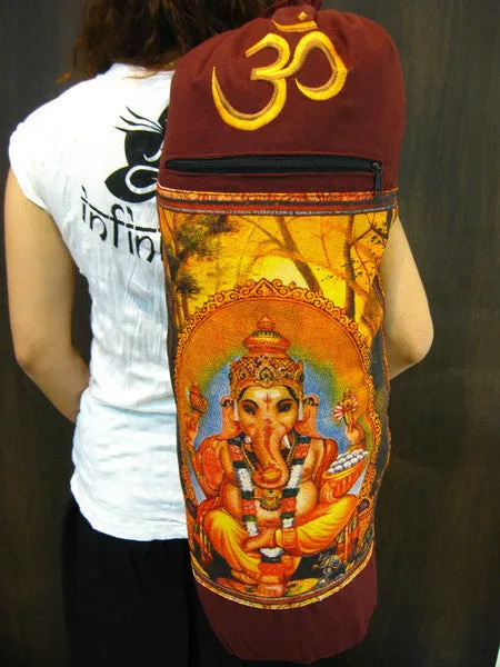 Maroon Embroidered Ohm   Ganesha Print Cotton & Hemp Yoga Mat Bag