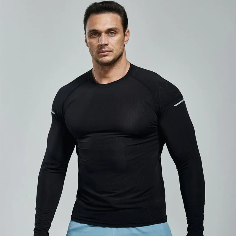 Men Elastic Compression Fitness T Shirt Tight Running Sport Clothes Long Sleeve Training Jogging Sportswear Quick Dry Rash Guard