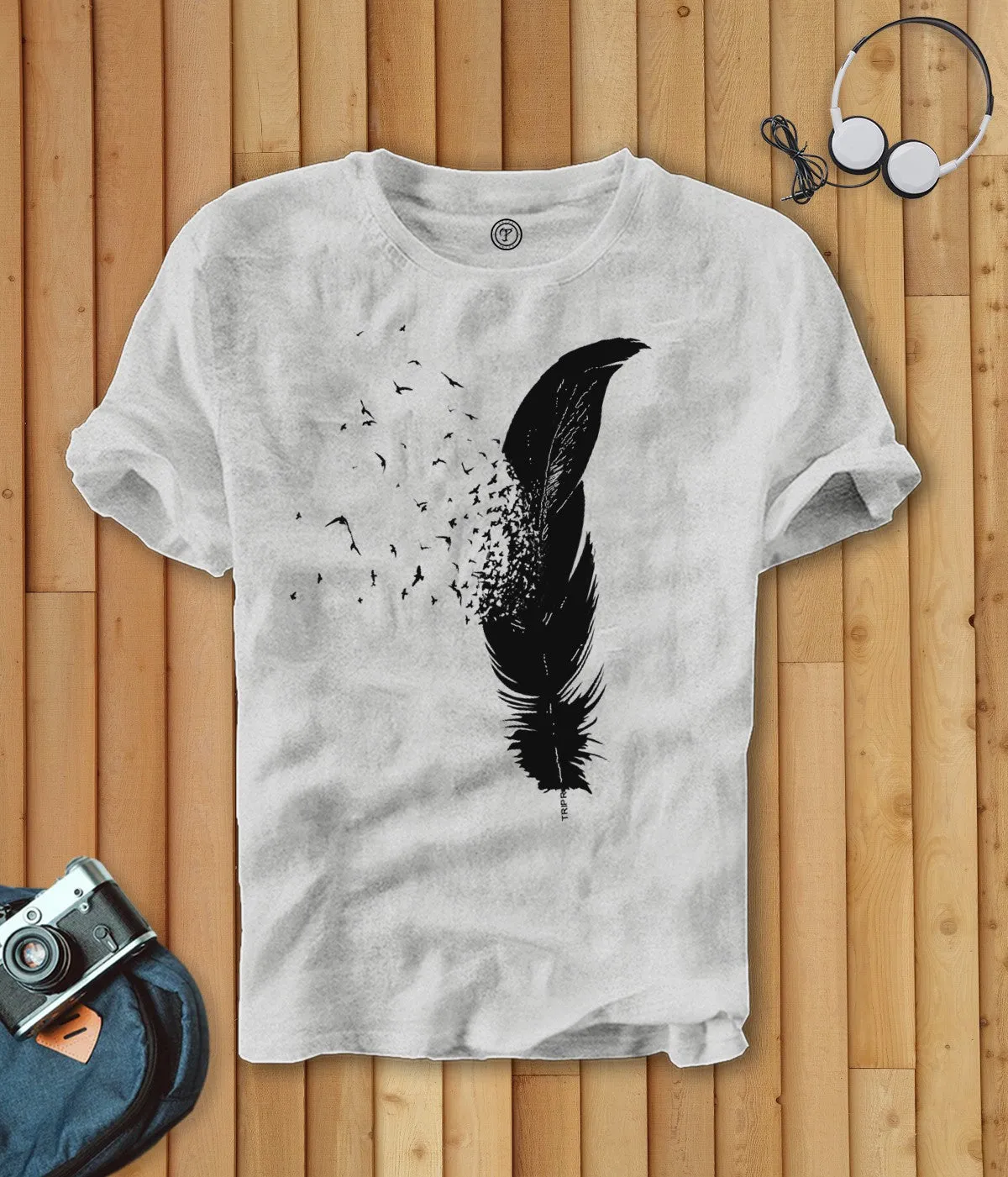 Men Feather Printed White Melange Half Sleeve Round Neck T-shirt