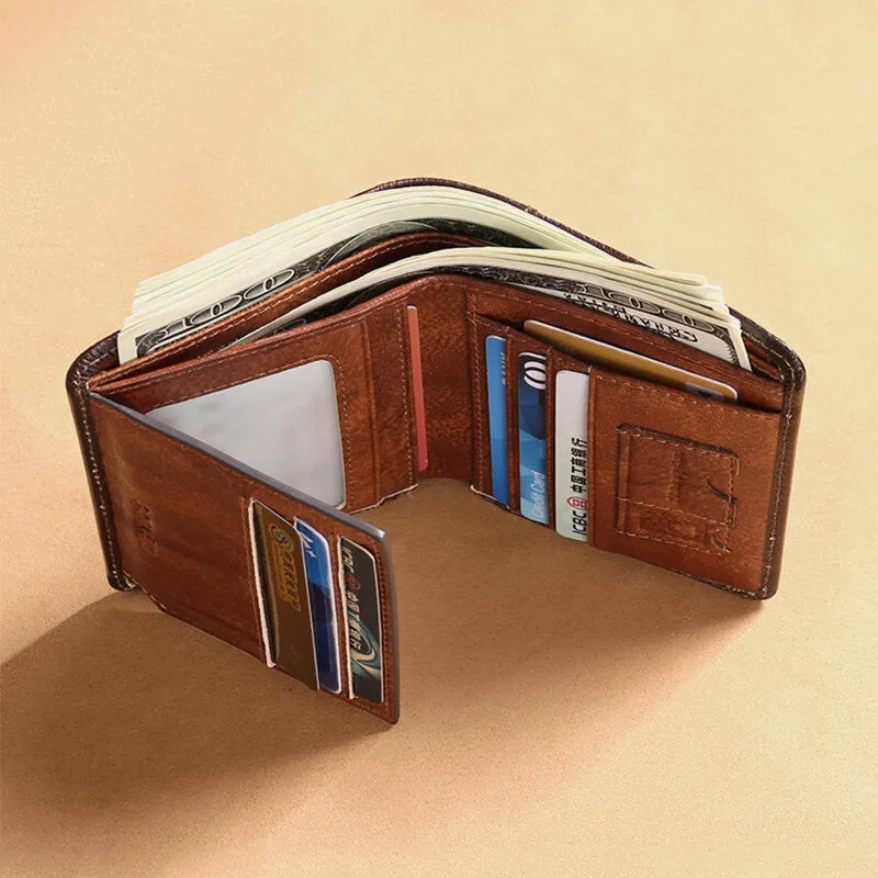 Men Genuine Leather RFID Anti-theft Multifunction Retro Large Capacity Foldable Card Holder Wallet