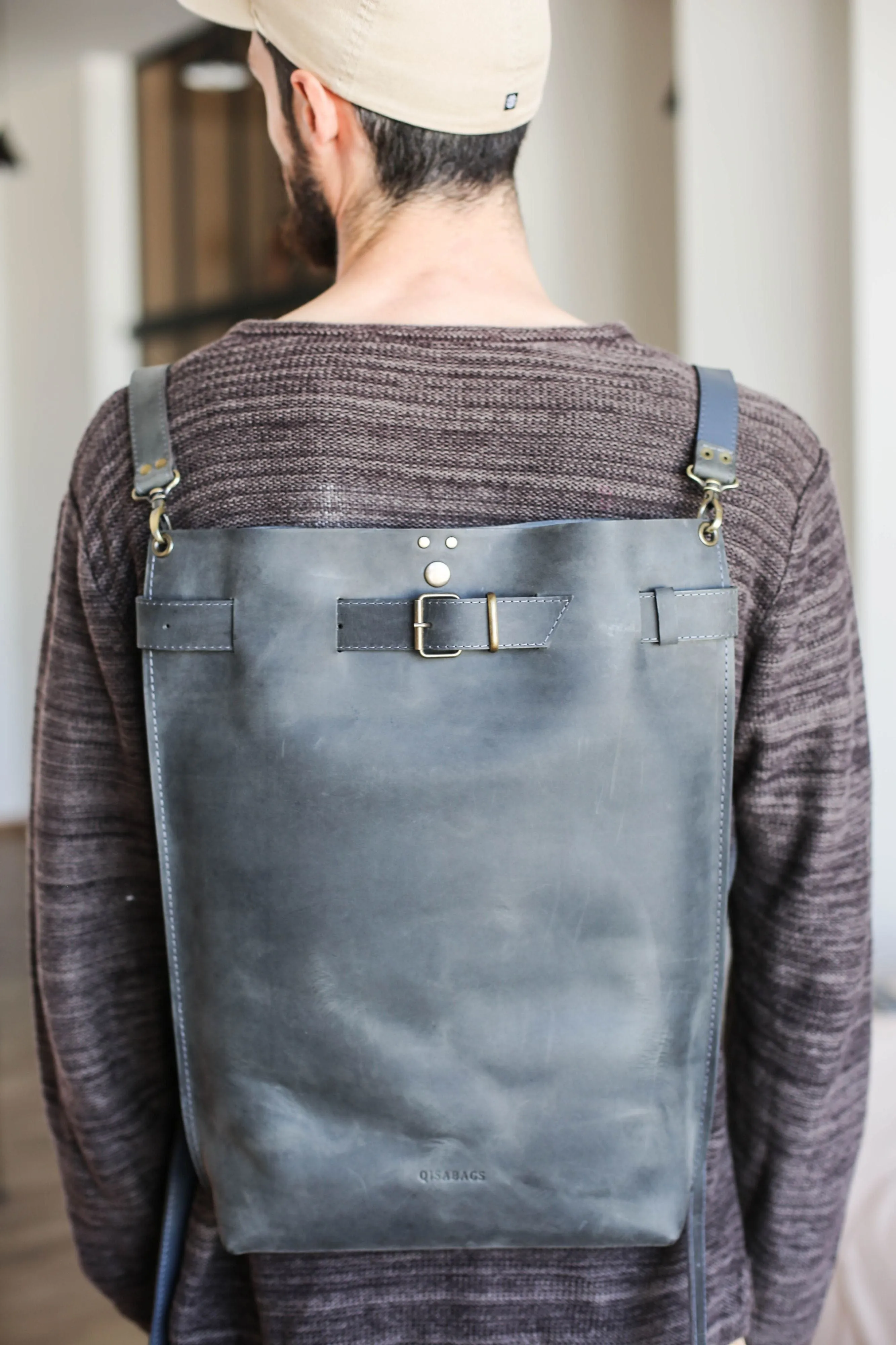 Men's Gray Leather Backpack