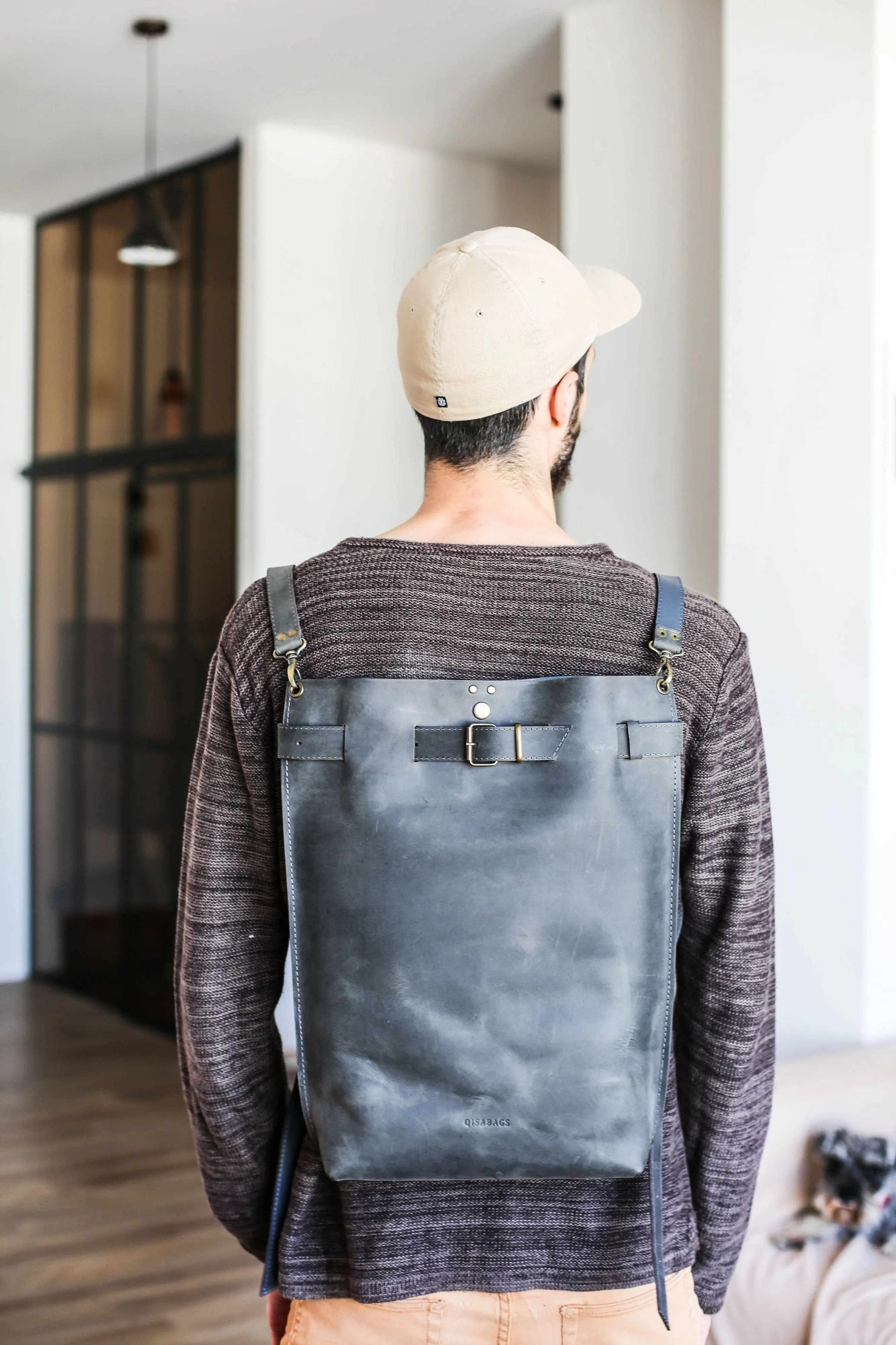 Men's Gray Leather Backpack