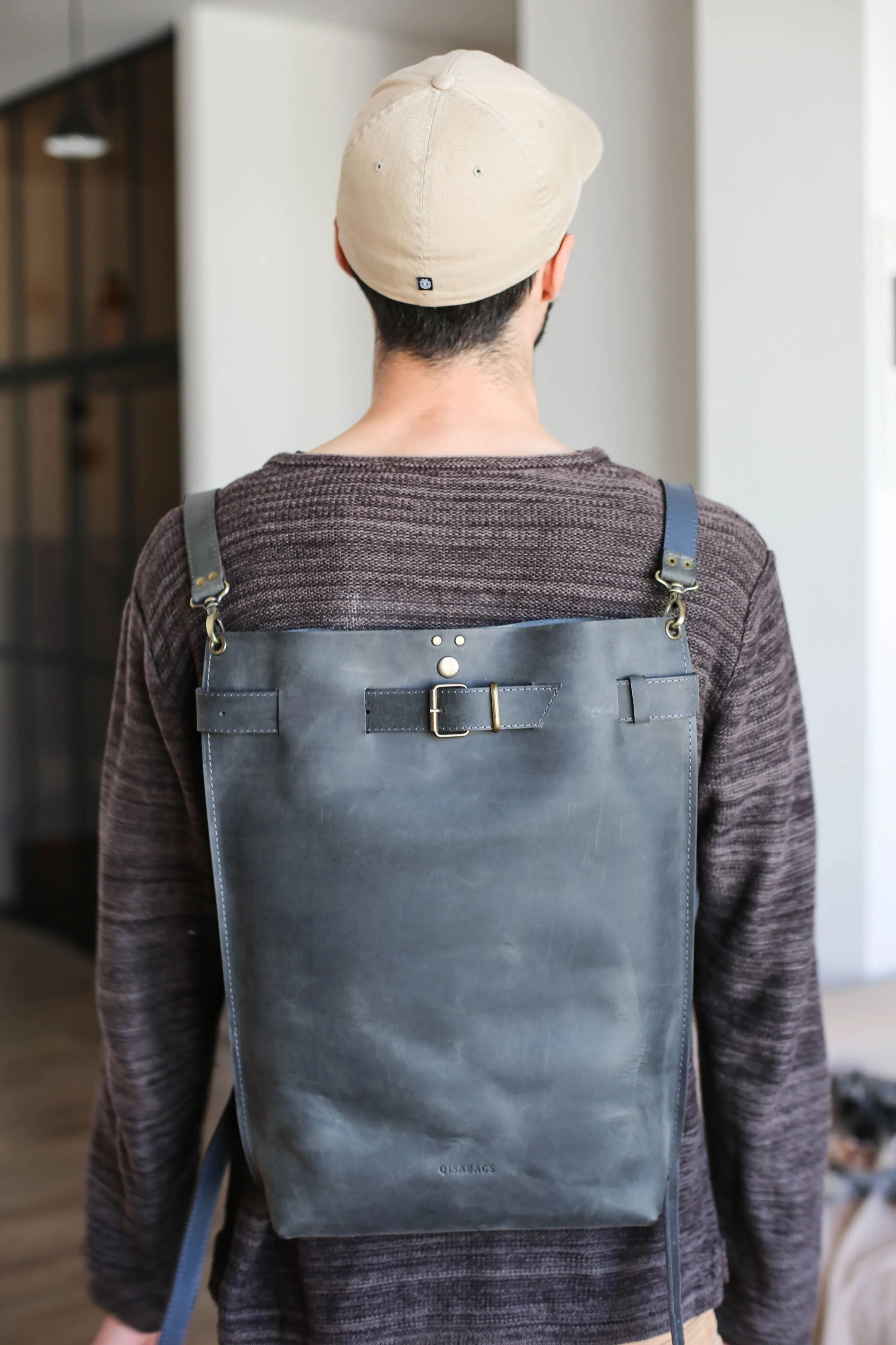 Men's Gray Leather Backpack