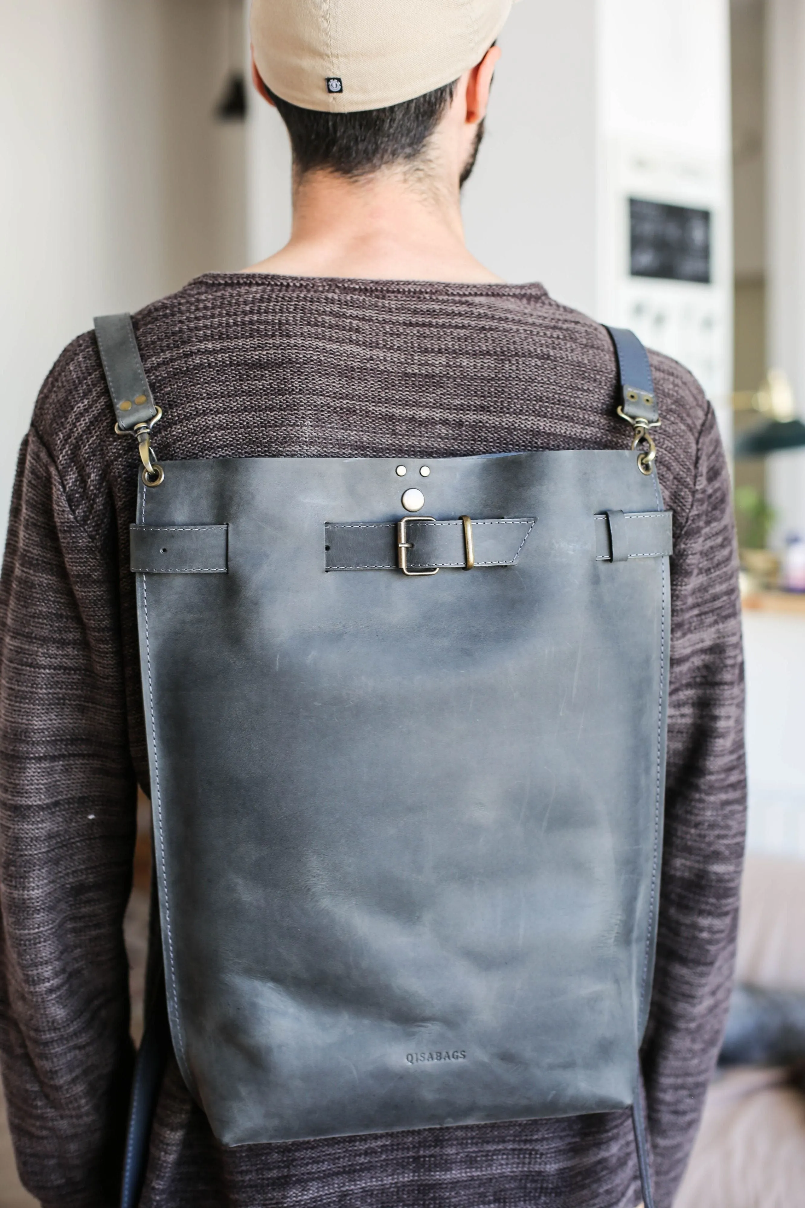 Men's Gray Leather Backpack