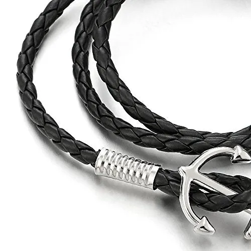 Mens Three-Lap Marine Anchor Wrap Bracelet Wristband with Nautical Sailor Leather Straps