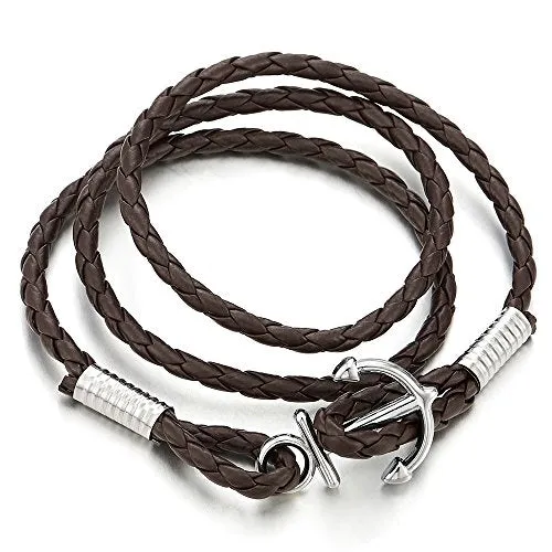 Mens Three-Lap Marine Anchor Wrap Bracelet Wristband with Nautical Sailor Leather Straps