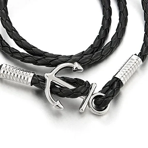 Mens Three-Lap Marine Anchor Wrap Bracelet Wristband with Nautical Sailor Leather Straps