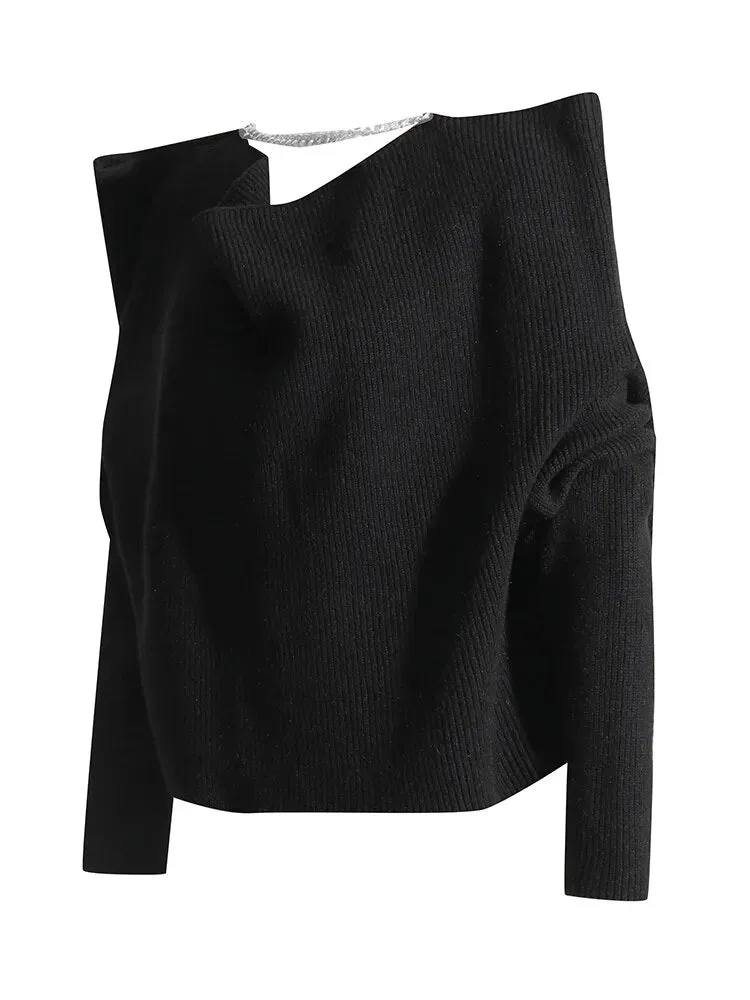 Minimalist Knitting Sweater For Women Irregular Collar Long Sleeve Casual Loose Autumn Sweater Female Fashion