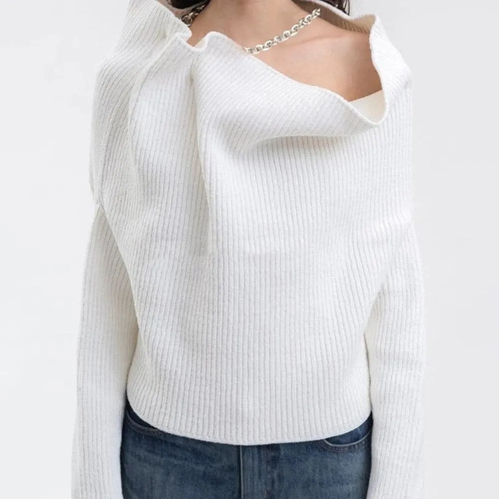 Minimalist Knitting Sweater For Women Irregular Collar Long Sleeve Casual Loose Autumn Sweater Female Fashion