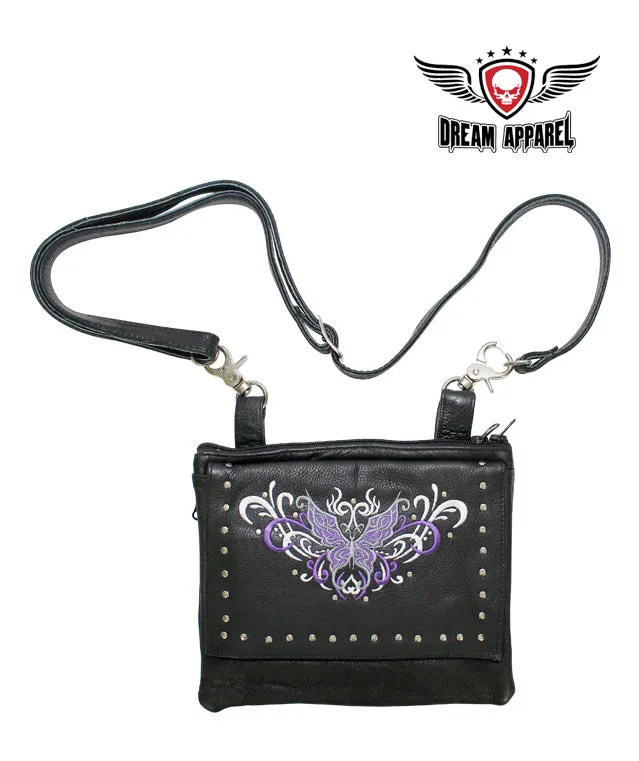 Naked Cowhide Leather Purple Butterfly Belt Bag W/ Studs