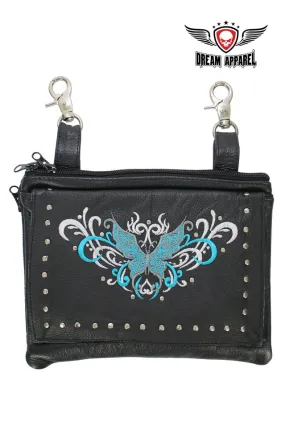 Naked Cowhide Leather Turquoise Butterfly Belt Bag W/ Studs