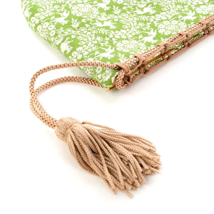 Nishijin-ori Small Drawstring Bag - Flower and Dog / Khaki Green -,  Made in Kyoto, Japan,  Japanese traditional craft purse