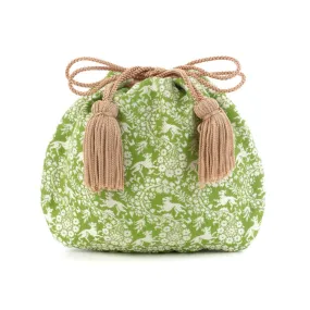 Nishijin-ori Small Drawstring Bag - Flower and Dog / Khaki Green -,  Made in Kyoto, Japan,  Japanese traditional craft purse