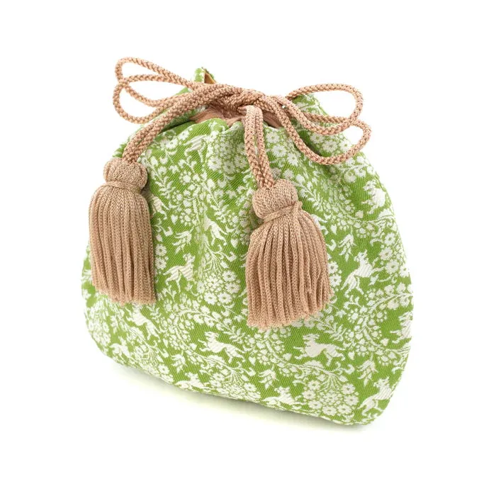 Nishijin-ori Small Drawstring Bag - Flower and Dog / Khaki Green -,  Made in Kyoto, Japan,  Japanese traditional craft purse