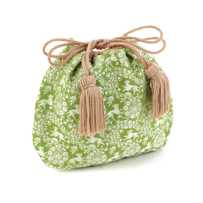 Nishijin-ori Small Drawstring Bag - Flower and Dog / Khaki Green -,  Made in Kyoto, Japan,  Japanese traditional craft purse