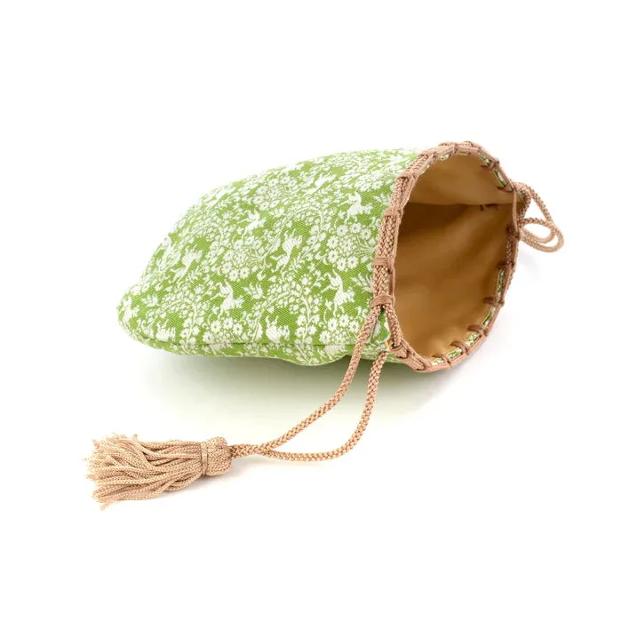 Nishijin-ori Small Drawstring Bag - Flower and Dog / Khaki Green -,  Made in Kyoto, Japan,  Japanese traditional craft purse