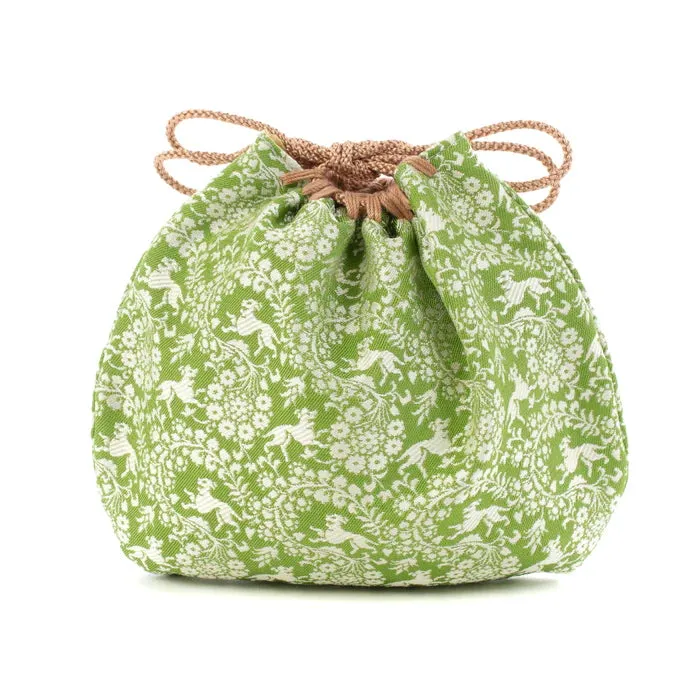 Nishijin-ori Small Drawstring Bag - Flower and Dog / Khaki Green -,  Made in Kyoto, Japan,  Japanese traditional craft purse