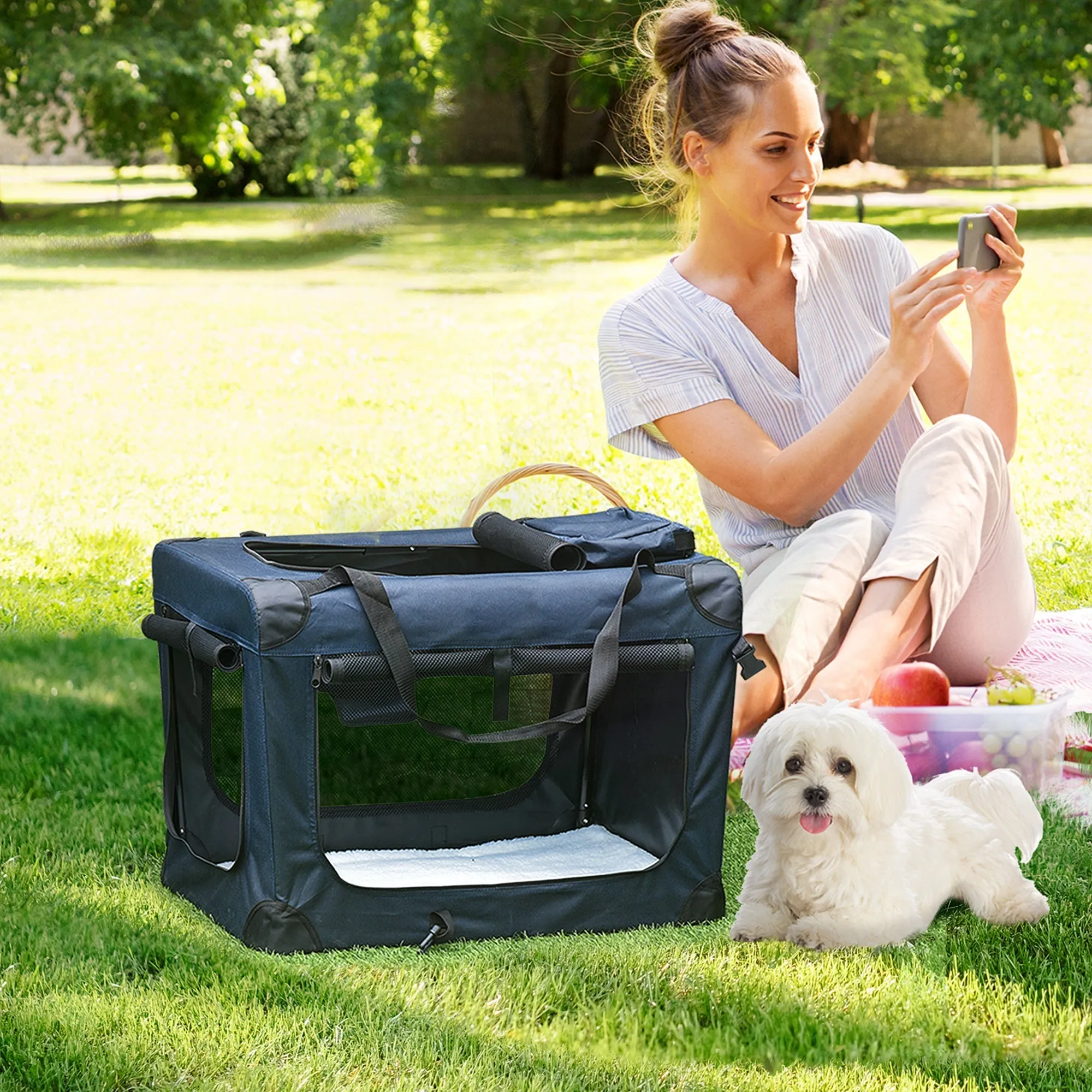 PawHut Folding Pet Carrier Bag Soft Portable Dog Cat Crate Puppy Kennel Cage House with Cushion Storage Bags Dark Blue