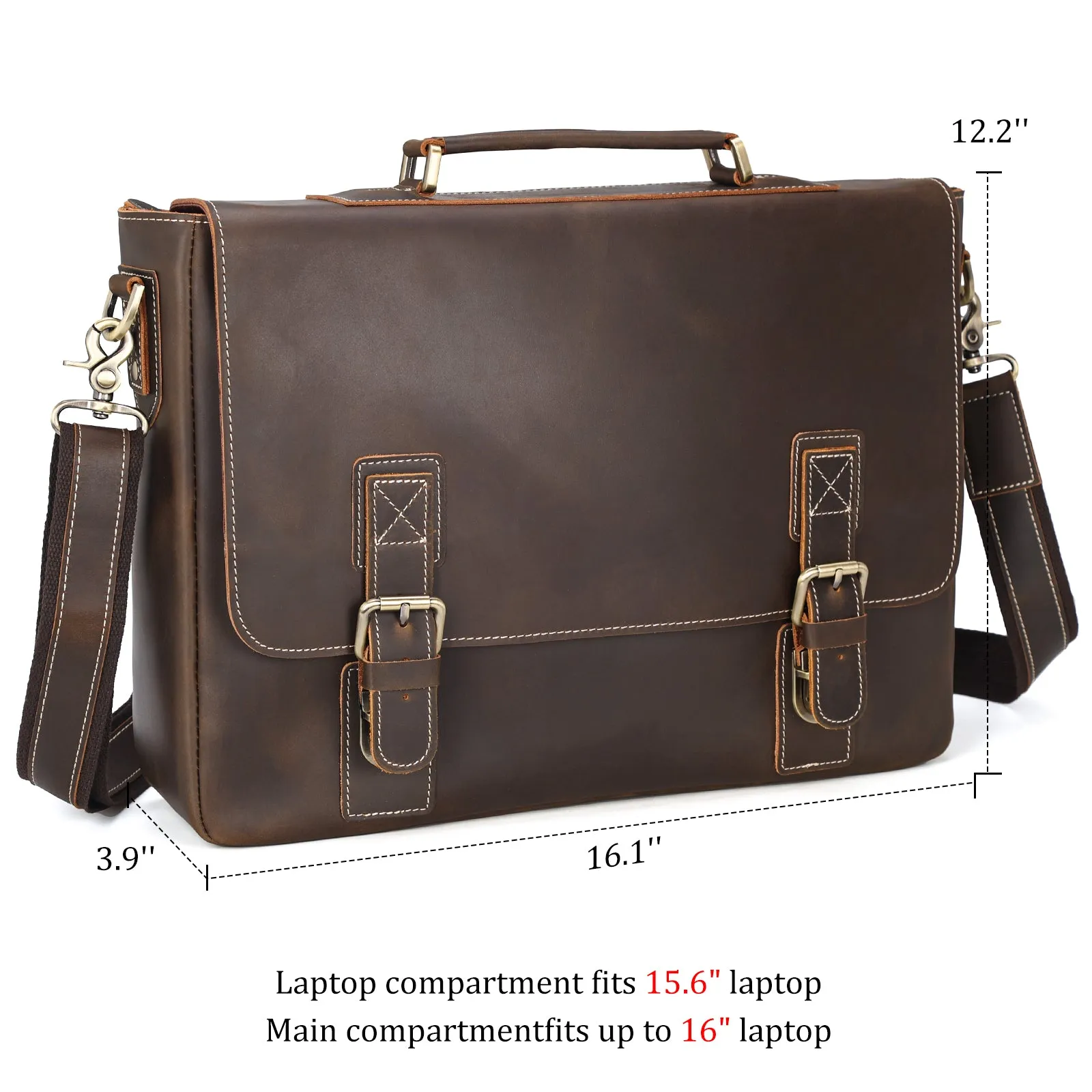 Polare Vintage Full Grain Leather Tote Briefcase Professional 16'' Laptop Shoulder Messenger Bag with YKK Metal Zippers