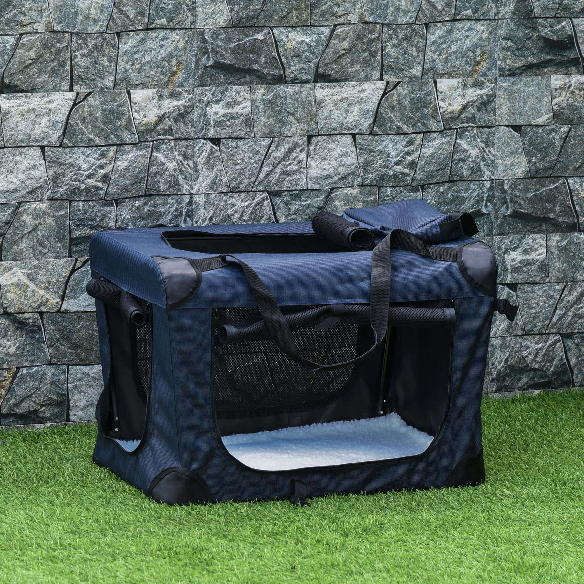 Portable Folding Pet Carrier Bag with Cushion, 70 x 51 x 50cm - Dark Blue