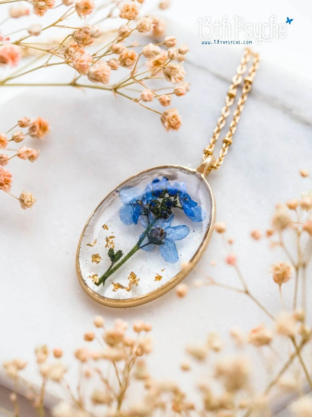 Pressed Forget me not flower pendant necklace