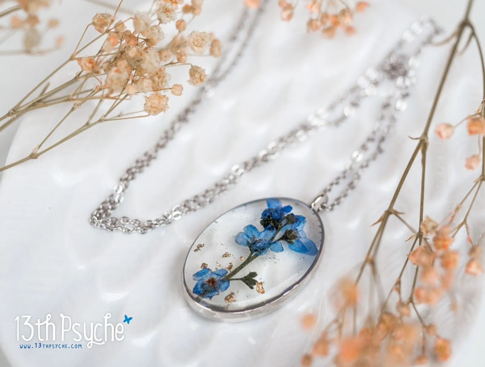 Pressed Forget me not flower pendant necklace