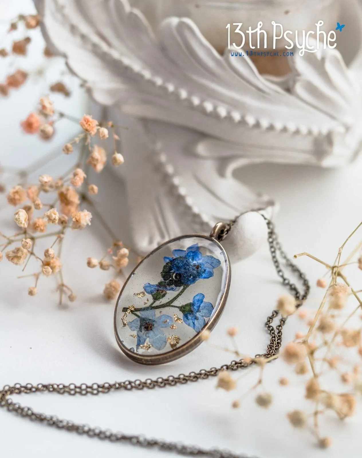 Pressed Forget me not flower pendant necklace