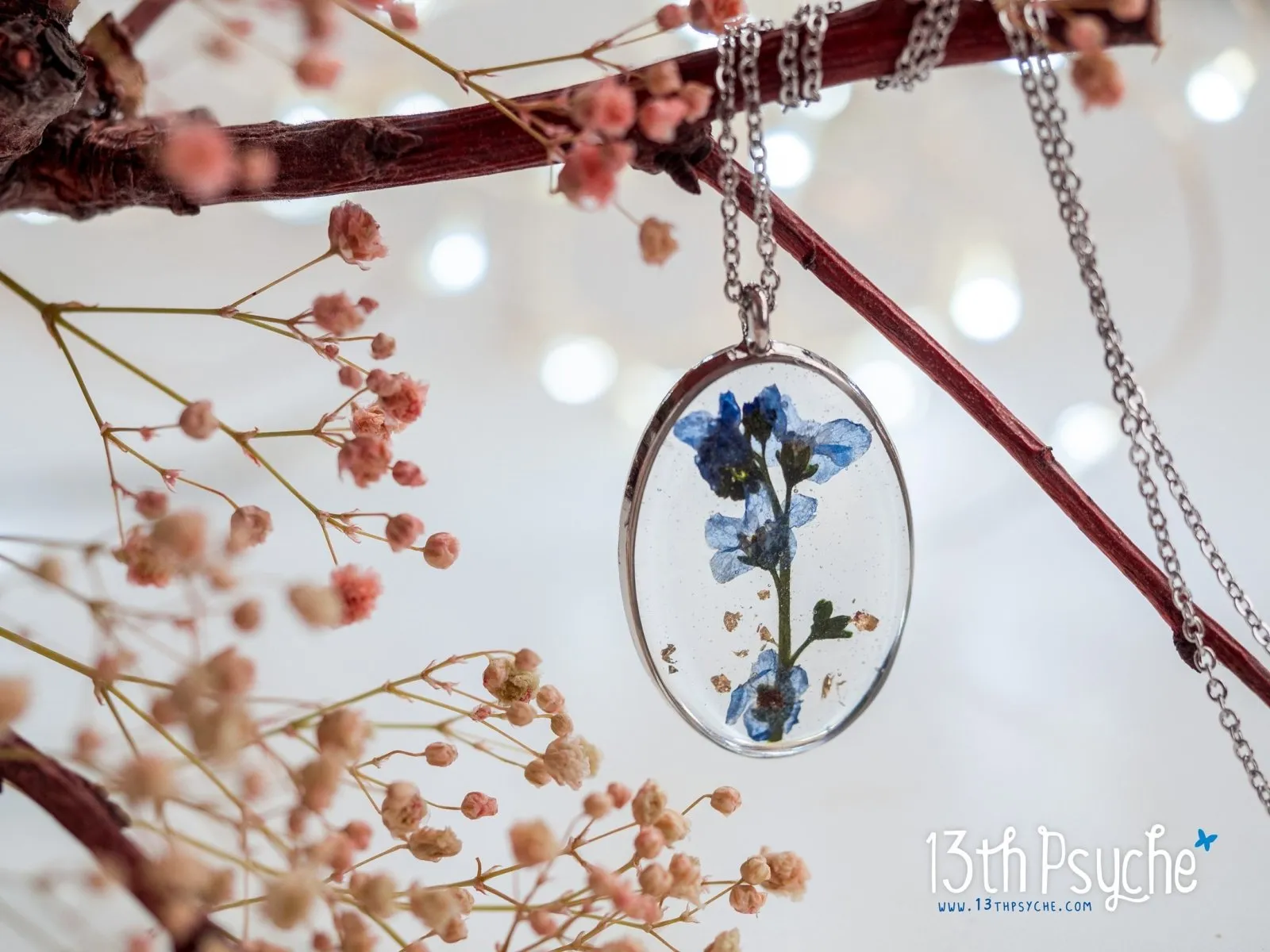 Pressed Forget me not flower pendant necklace