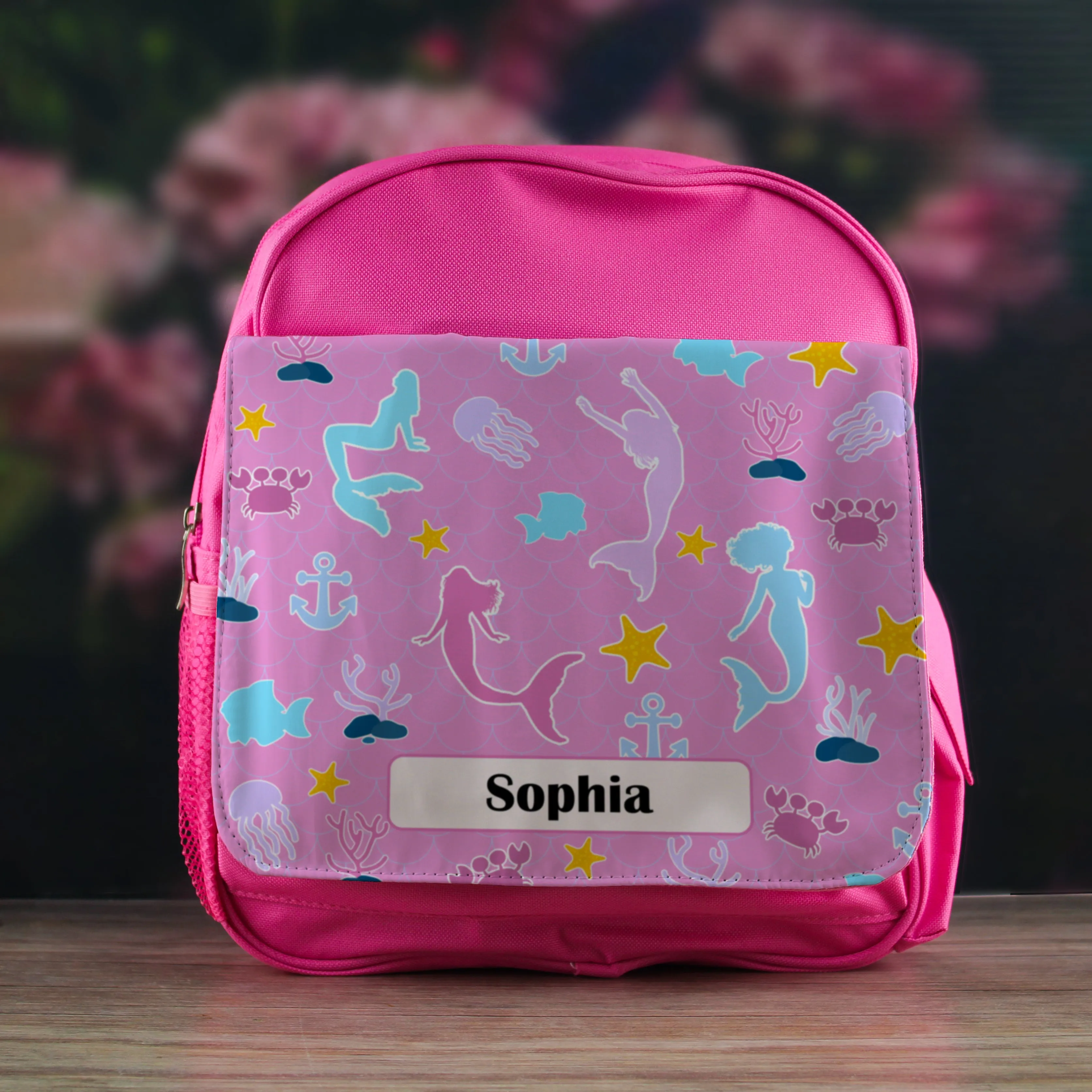 Printed Kids Pink Backpack with Mermaid Design, Customise with Any Name