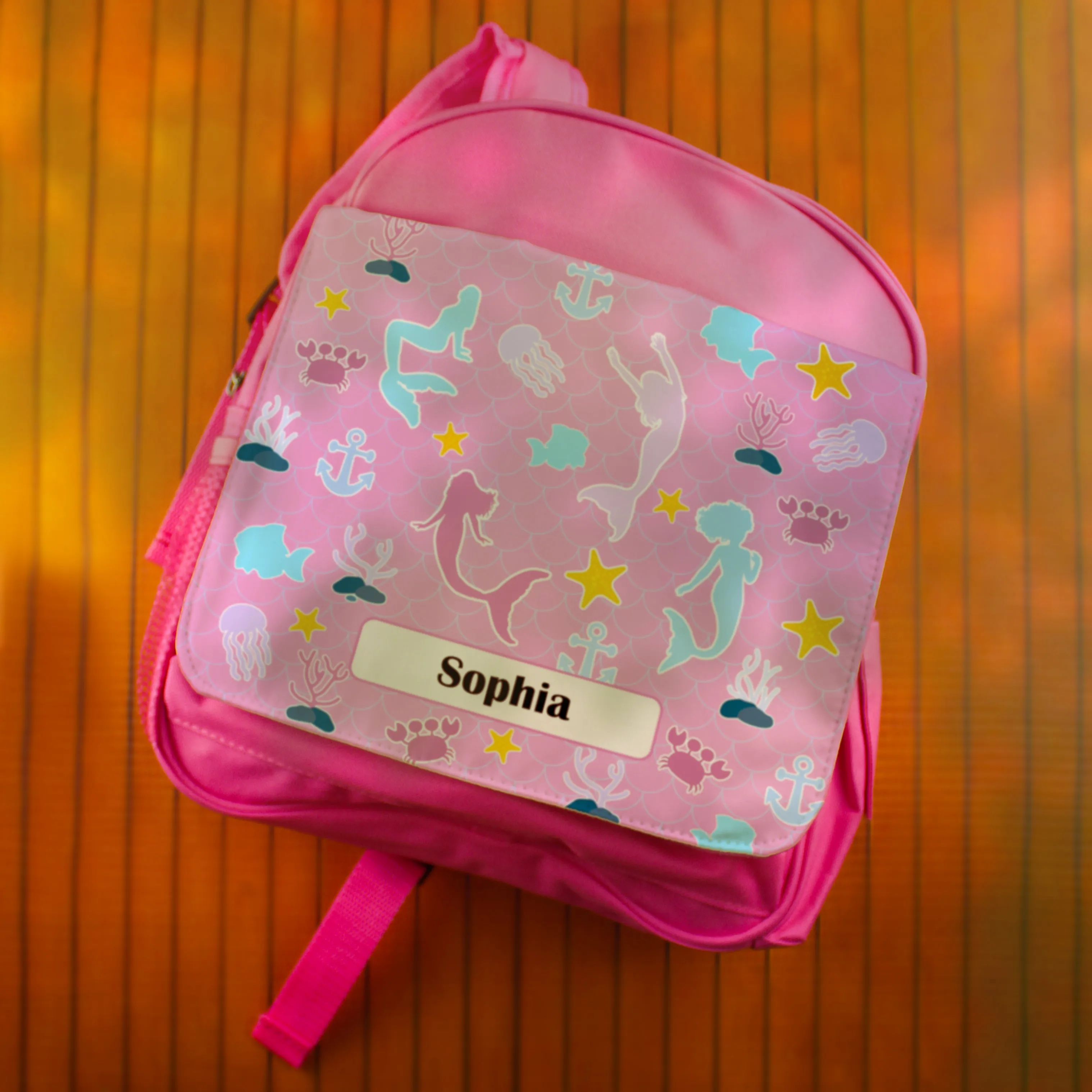 Printed Kids Pink Backpack with Mermaid Design, Customise with Any Name