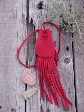 Red leather crystal bag ,  Fringed leather medicine bag , Leather neck pouch