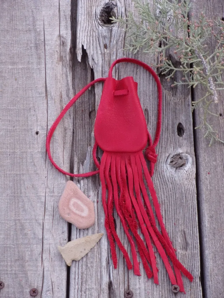 Red leather crystal bag ,  Fringed leather medicine bag , Leather neck pouch