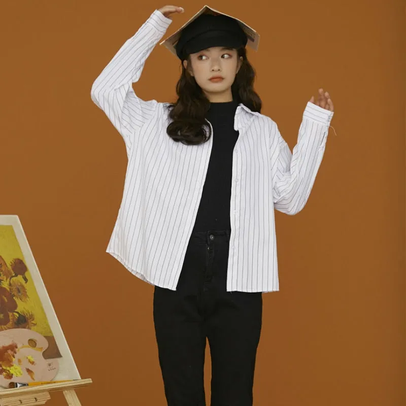 Simple Striped Women Shirt Autumn Long Sleeve 2022 New White Casual Korean Loose Tops Fashion Button Up Designed Shirts