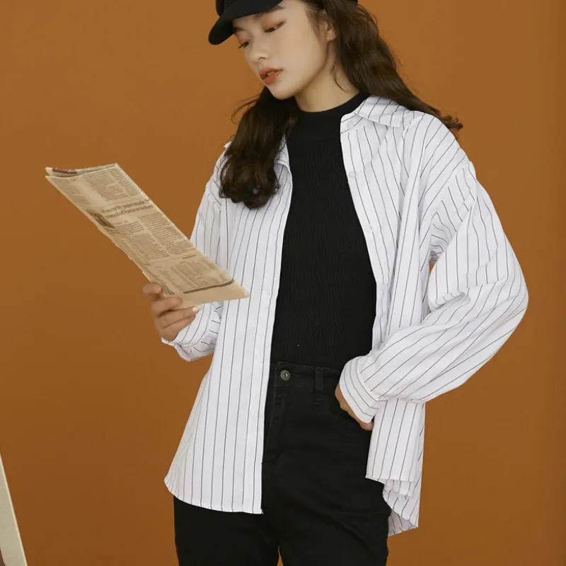 Simple Striped Women Shirt Autumn Long Sleeve 2022 New White Casual Korean Loose Tops Fashion Button Up Designed Shirts