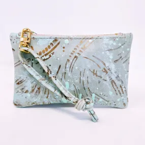 Small Leather Wristlet Handbag - Hand Painted With Mint and Metallic Bronze