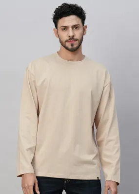 Solid Men Oversized Full Sleeve T-Shirt - Beige