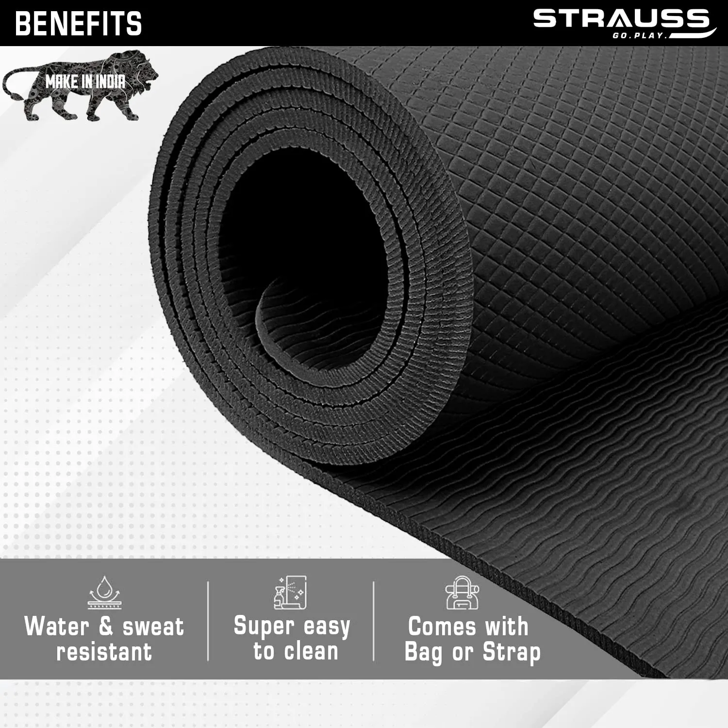 Strauss Anti Skid EVA Yoga Mat with Carry Bag, 4mm, (Black)