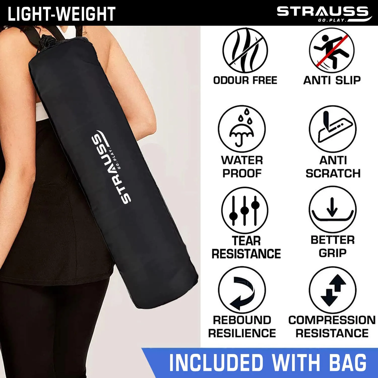 Strauss Anti Skid EVA Yoga Mat with Carry Bag, 4mm, (Black)