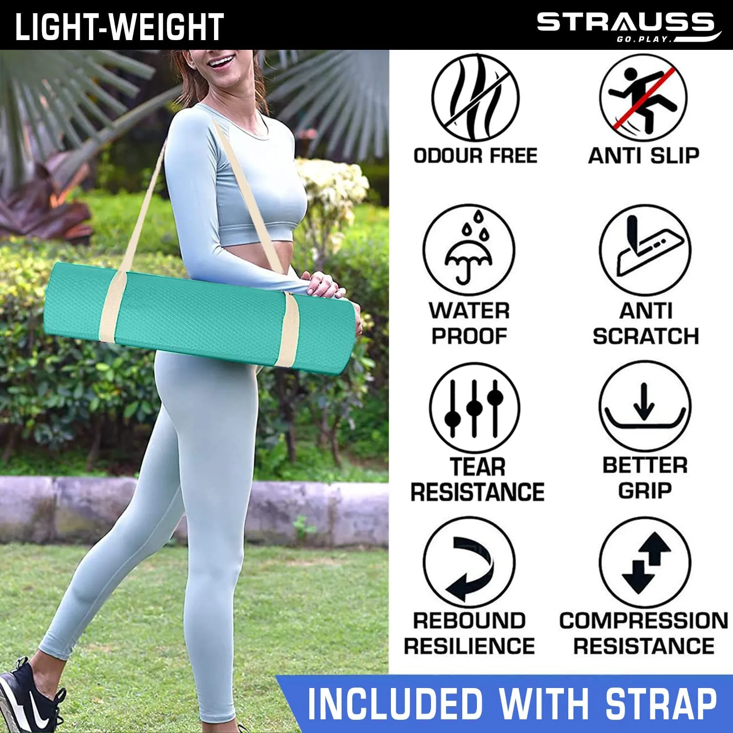 Strauss Anti Skid EVA Yoga Mat with Carry Strap, 8mm, (Sea Green)