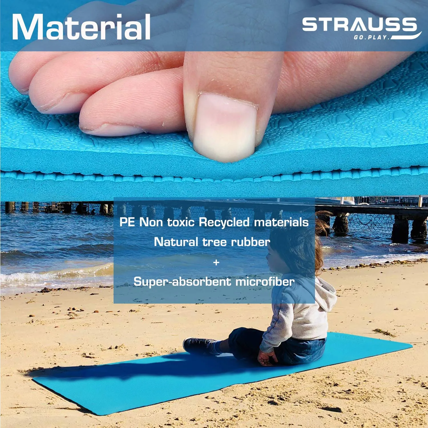 Strauss Lightweight Eco Friendly Yoga Mat 6 mm (Blue), Yoga Block (Navy Blue) Pair and Yoga Belt (Blue)